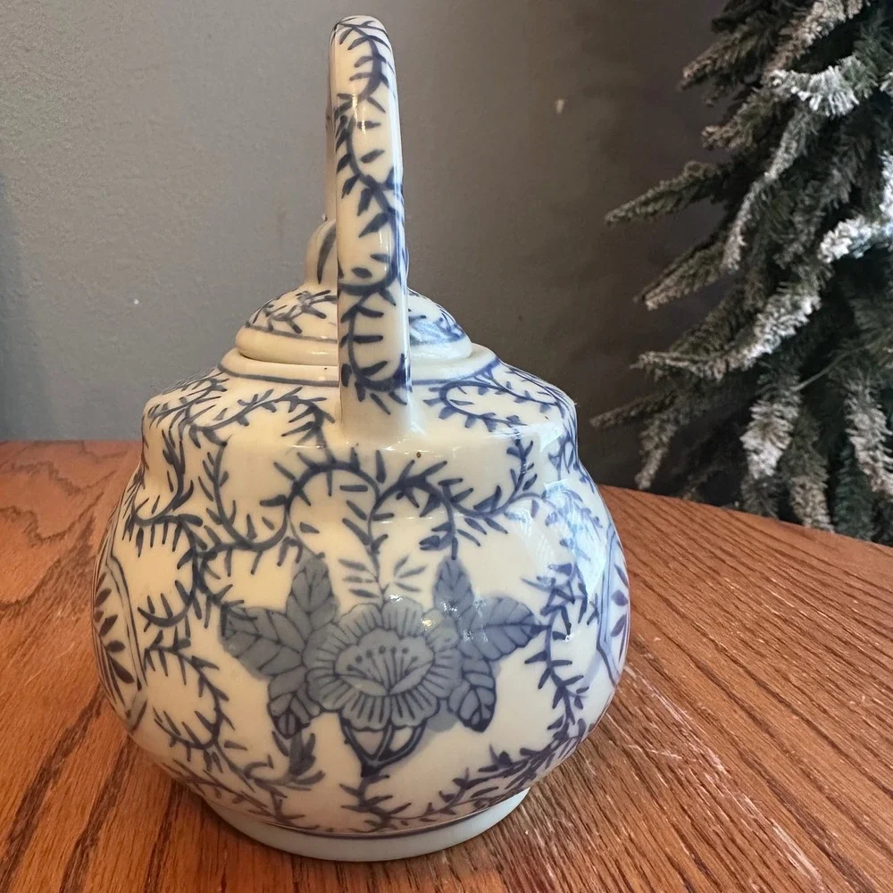 Vintage Teapot Small Blue White Chinoiserie Floral Ceramic Decor